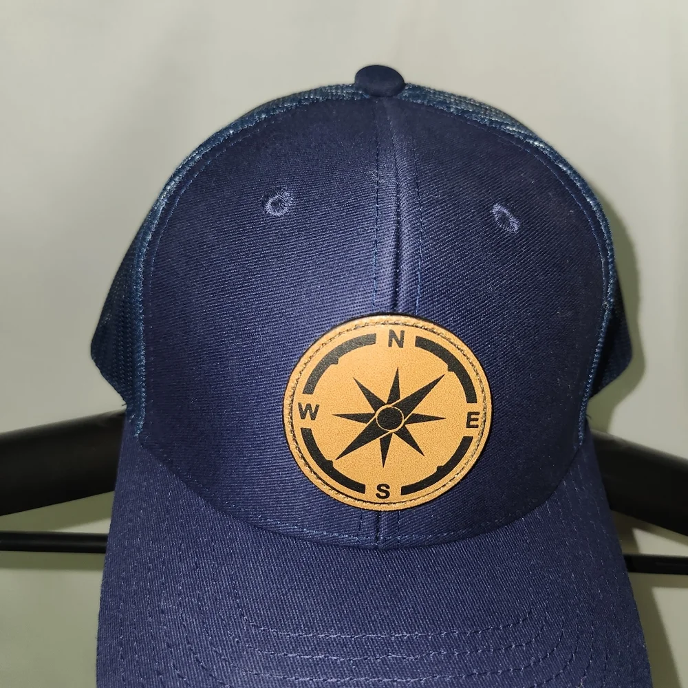 Compass Leather Patch Mesh Adjustable Navy Blue Snap Back Hat‎ New